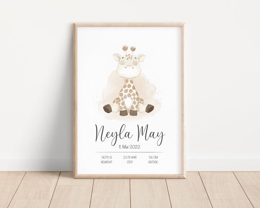 Personalisiertes Geburtsposter „Gemma die Giraffe“