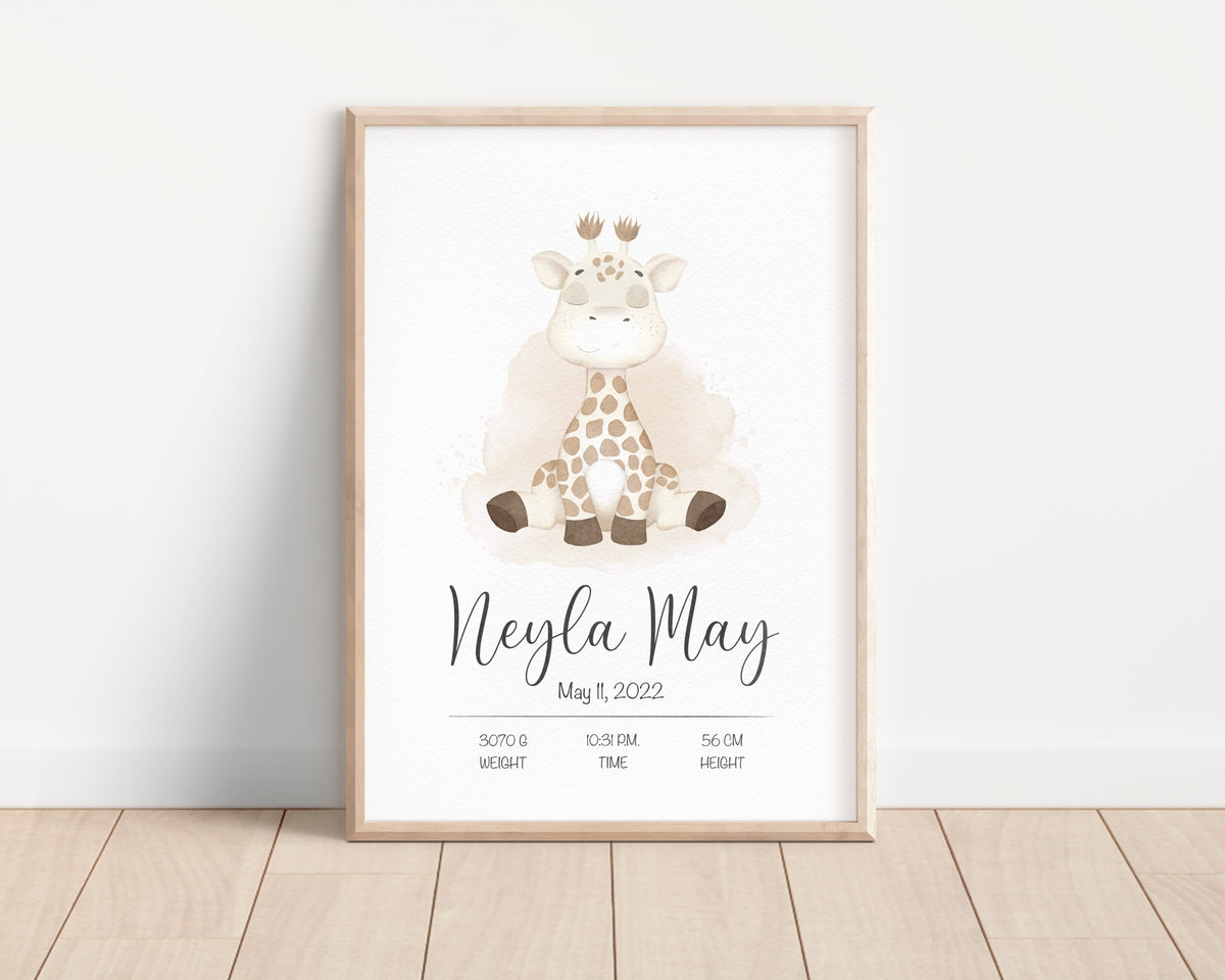 Personalisiertes Geburtsposter „Gemma die Giraffe“